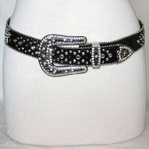 Western Black Bling Cross Belt & Buckle Clear Crystal Accent Genuine Leather SM